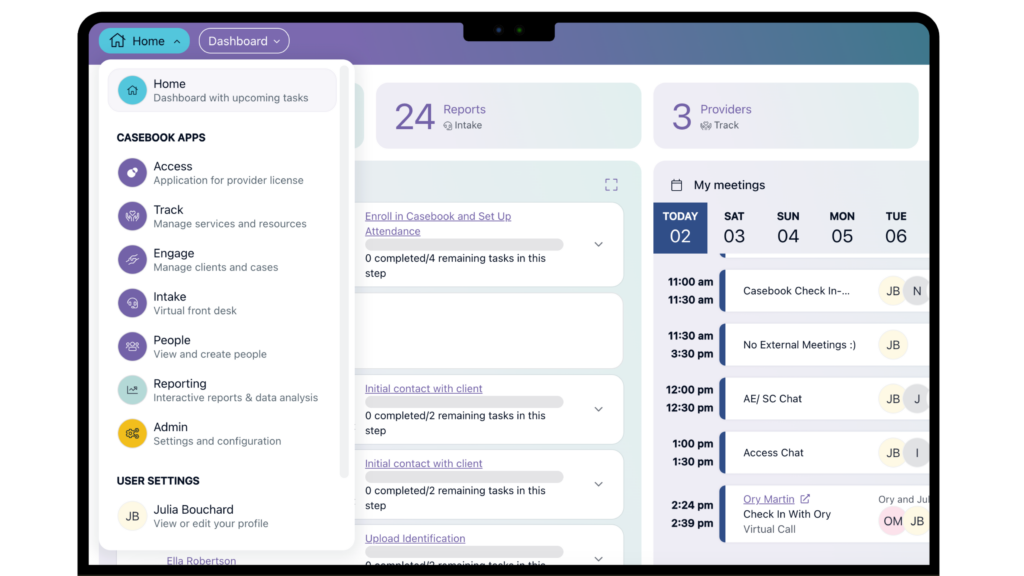 Casebook Human and social services Platform Home Dashboard